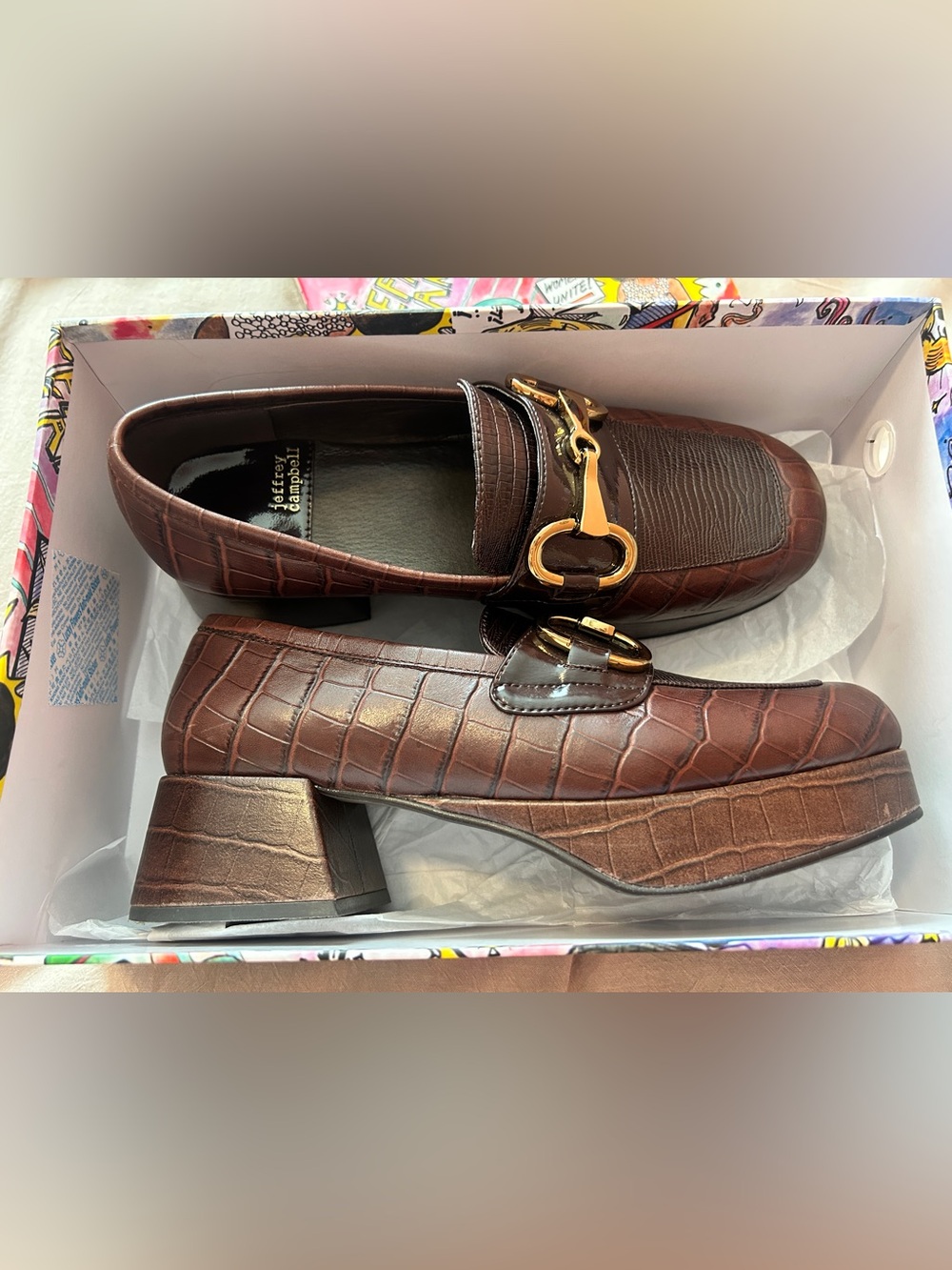 Women’s Jeffrey Campbell Chunky Heel Croc-Embossed Leather Loafers in Brown